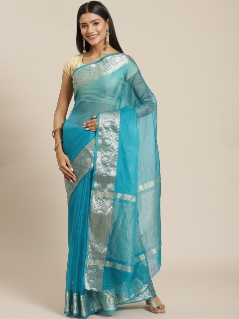 

Meena Bazaar Turquoise Blue Woven Design Zari Organza Saree