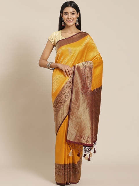 

Meena Bazaar Mustard & Maroon Ethnic Motifs Zari Brocade Saree