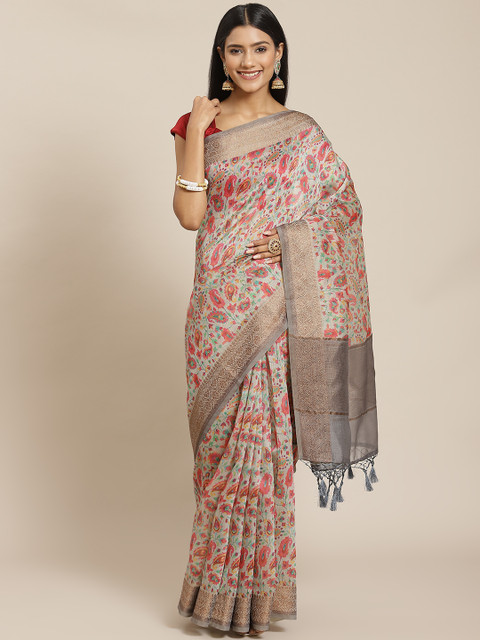 

Meena Bazaar Beige & Multicoloured Ethnic Motifs Zari Linen Blend Chanderi Saree