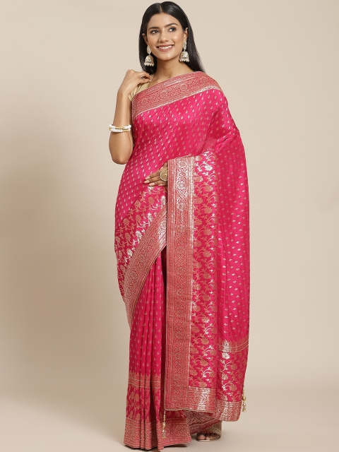 

Meena Bazaar Fuchsia & Gold-Toned Ethnic Motifs Zari Silk Blend Banarasi Saree