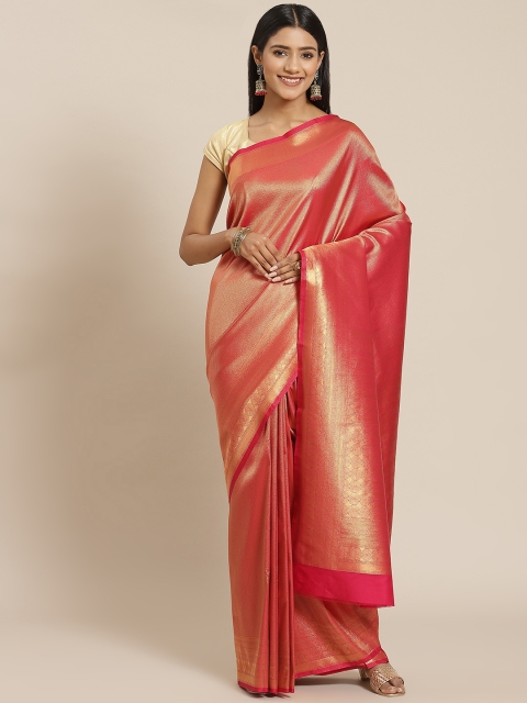 

Meena Bazaar Pink & Gold-Toned Woven Design Zari Silk Blend Saree