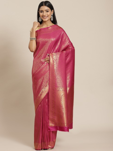 

Meena Bazaar Fuchsia & Gold-Toned Woven Design Zari Silk Blend Saree