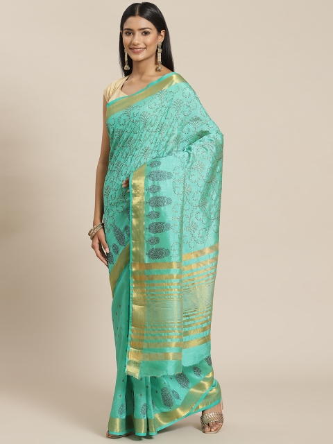 

Meena Bazaar Sea Green Floral Zari Silk Blend Banarasi Saree