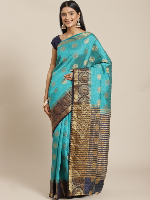 

Meena Bazaar Turquoise Blue & Gold-Toned Ethnic Motifs Zari Silk Blend Saree