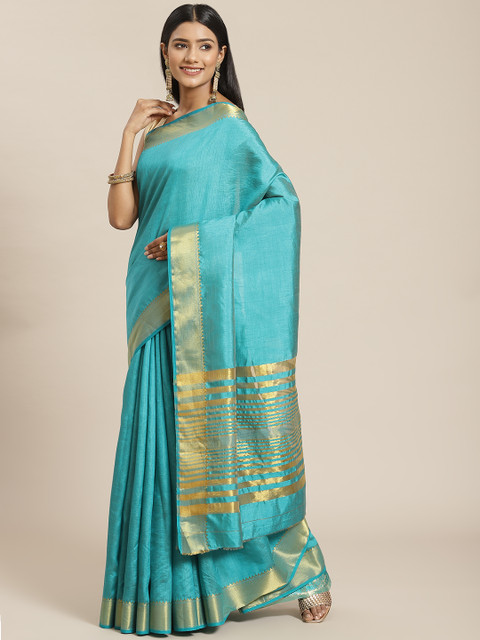 

Meena Bazaar Turquoise Blue Zari Silk Blend Saree
