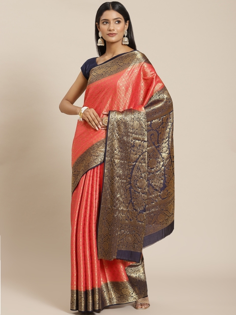 

Meena Bazaar Coral & Gold-Toned Ethnic Motifs Zari Silk Blend Saree