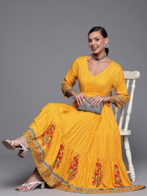

PINKSKY Mustard Yellow Printed Tiered Maxi Dress
