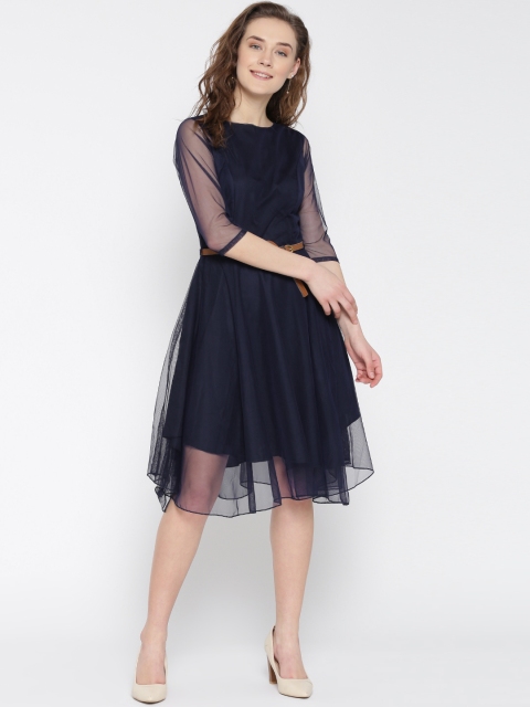 

U&F Women Navy Solid Net Fit & Flare Dress, Navy blue