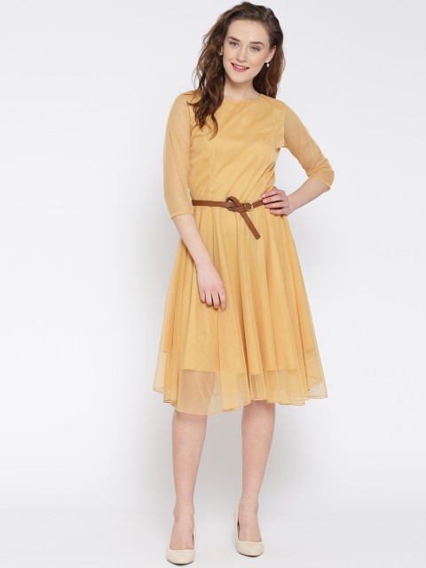 

U&F Women Mustard Yellow Crepe Solid Fit & Flare Dress