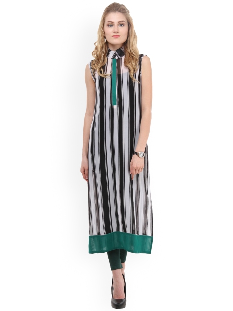 

La Firangi Women Black & White Striped Straight Kurta