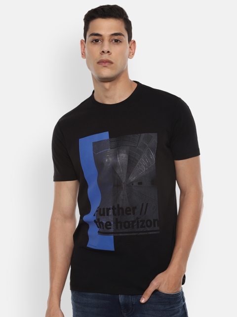 

VAN HEUSEN DENIM LABS Men Black & Blue Colourblocked Typography Printed T-shirt