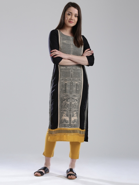 

W Women Black & Beige Printed Straight Kurta