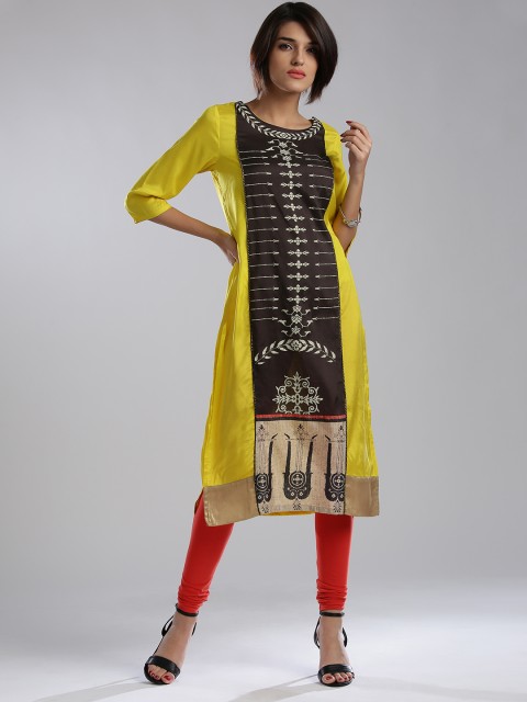 

W Women Yellow & Charcoal Grey Printed Straight Kurta