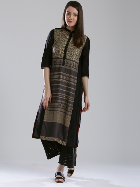 

W Women Black & Grey Printed Straight Kurta