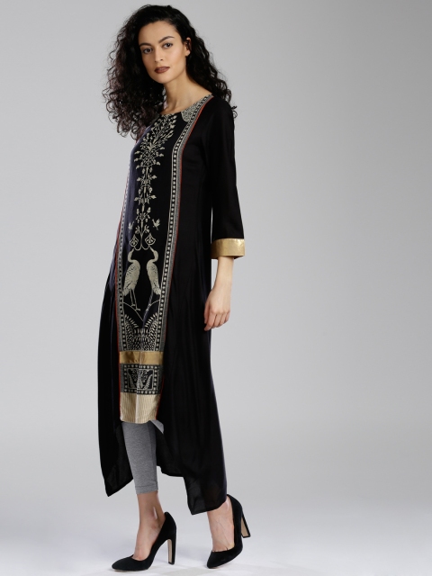 

W Women Black Printed A-Line High-Low Hem Kurta