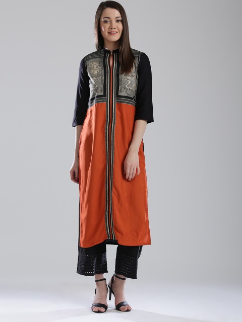 

W Women Orange & Black Printed Straight Kurta