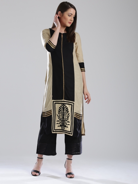 

W Women Beige & Black Striped Straight Sustainable Kurta