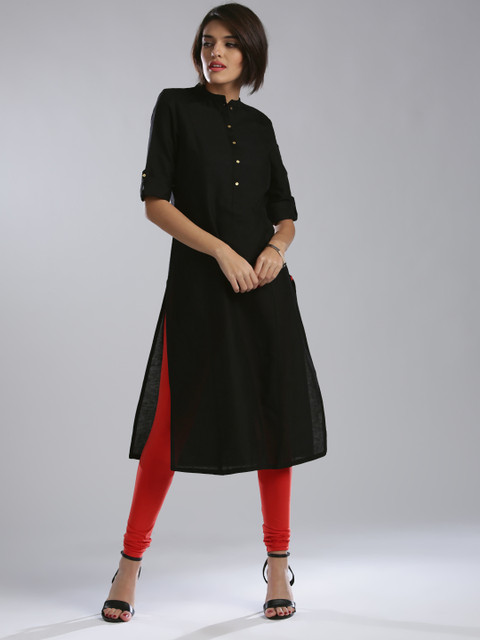 

W Women Black Solid Pathani Kurta with Tucks