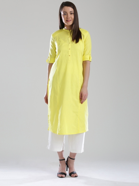 

W Women Yellow Solid Pathani Kurta with Tucks