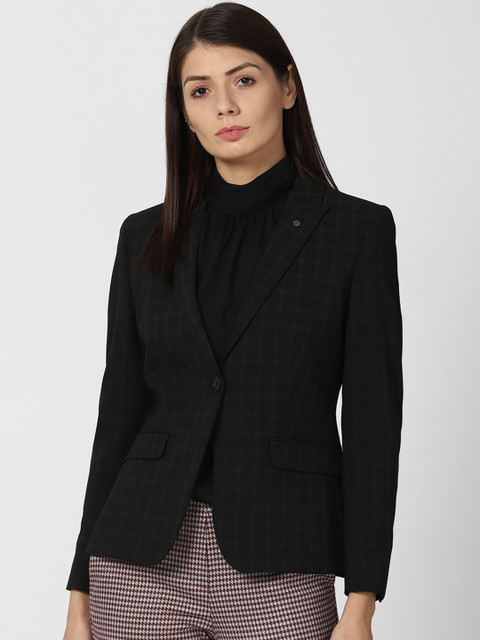 

Van Heusen Woman Black Checked Single-Breasted Casual Blazer