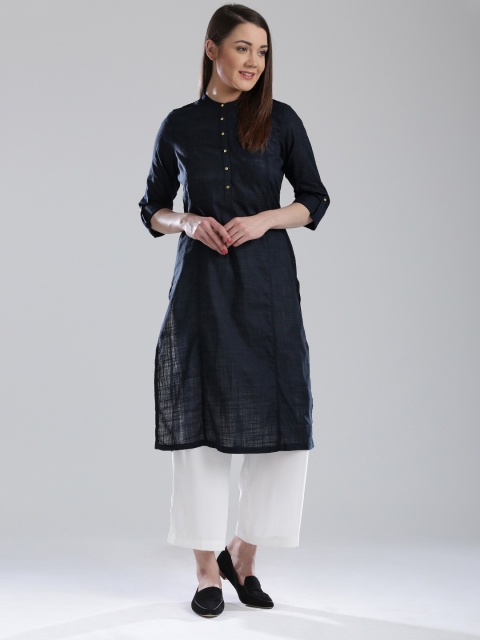 

W Women Navy Solid Pathani Kurta with Tucks, Navy blue