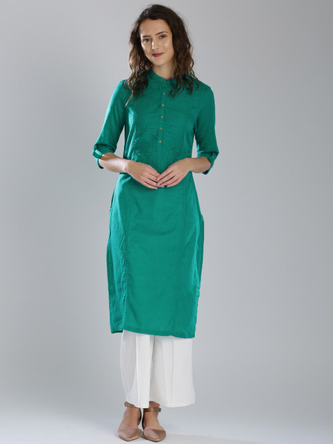

W Women Turquoise Green Solid Pathani Kurta with Tucks