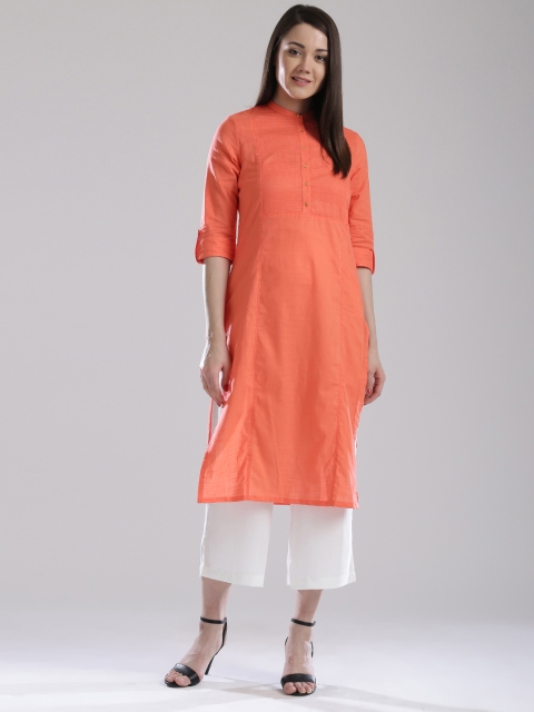

W Women Orange Solid Pathani Kurta with Tucks