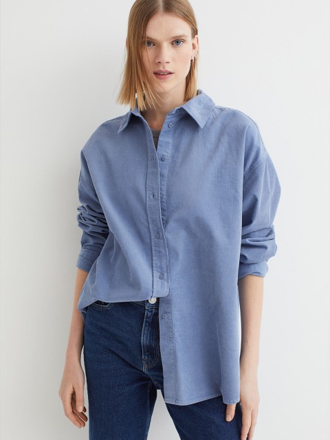 

H&M Women Blue Oversized Corduroy Shirt