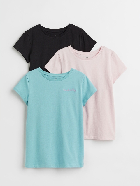 

H&M Girls Pack of 3 Black & Pink Solid Cotton T-Shirts