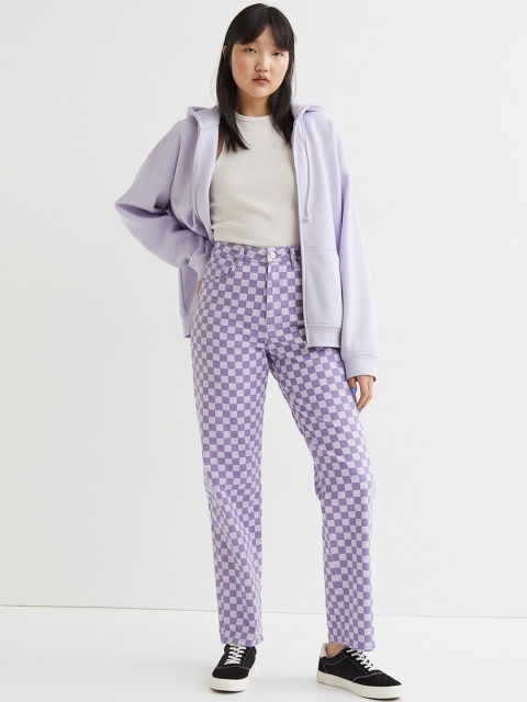 

H&M Women Purple Checked 90s Straight Baggy High Twill Trousers