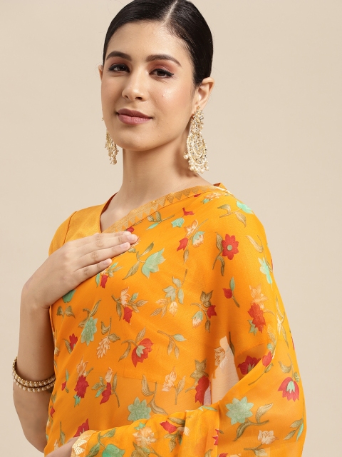 

SIRIL Mustard Yellow & Red Floral Saree