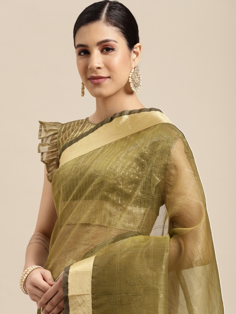 

SIRIL Olive Green & Gold Checked Organza Saree