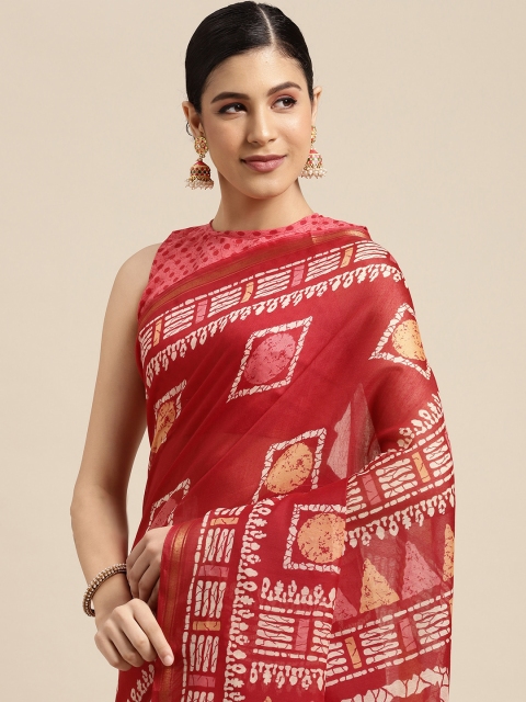 

SIRIL Red & White Geometric Print Saree