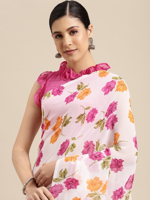 

SIRIL White & Pink Floral Pure Georgette Saree