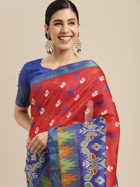 

SIRIL Red & Blue Ethnic Motifs Saree