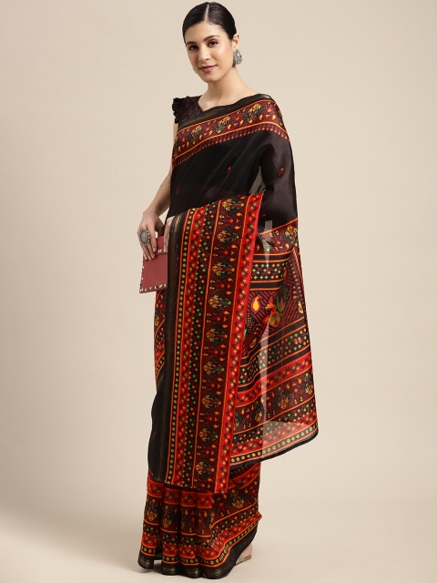 

SIRIL Black & Orange Floral Saree