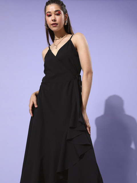

Sera Women Stylish Black Solid Feminine Frills Dress