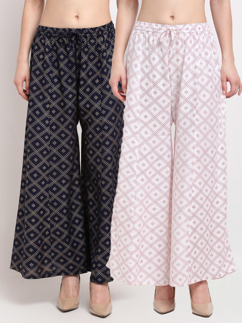 

Jinfo Women White & Navy Blue Set Of 2 Printed Flared Knitted Ethnic Palazzos
