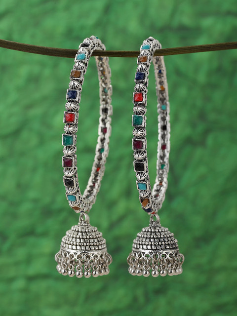 

KOLHA-BY CARLTON Set of 2 Multicoloured Oxidised Silver-Plated Stone-Studded Bangles, Multi