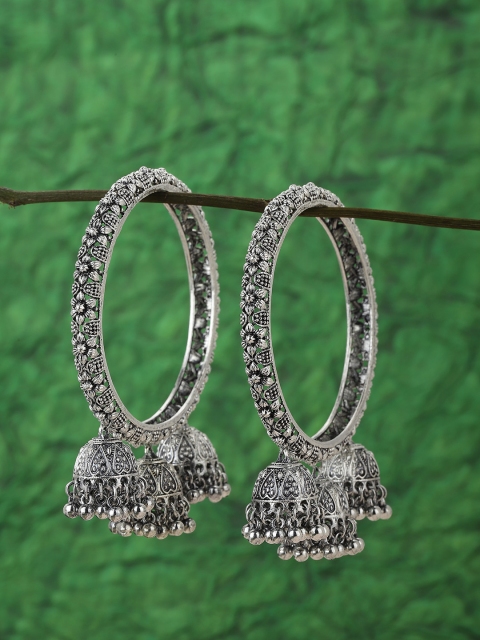

KOLHA-BY CARLTON Set of 2 Silver-Plated Oxidised Dome-Dhaped Dangler Detail Bangles