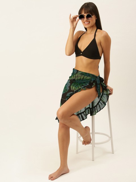 

SECRETS BY ZEROKAATA Black Solid Halter Neck Bikini Set & Tropical Print Sarong
