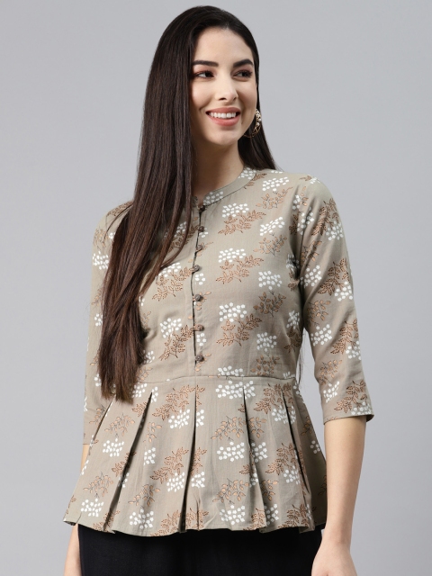 

MALHAAR Grey Ethnic Motifs Printed Cotton Flex Kurti