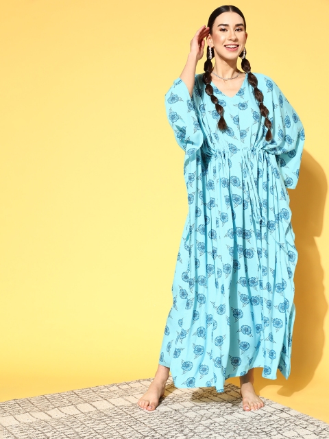 

Vemante Turquoise Blue Floral Kaftan Maxi Lounge Dress