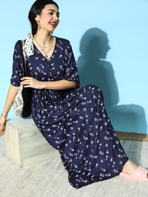 

Vemante Women Deep Navy Blue Graphic Bohemian Eclectic Dress