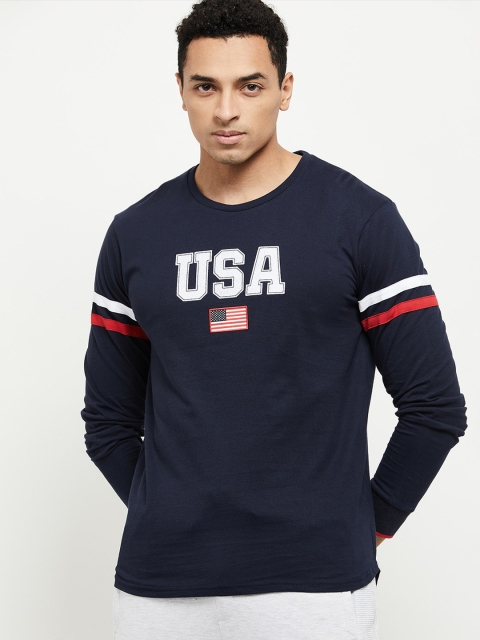 

max Men Navy Blue & White Applique T-shirt