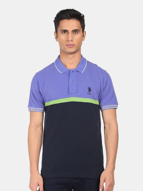 

U.S. Polo Assn. Men Black & Purple Colourblocked Polo Collar Pure Cotton T-shirt