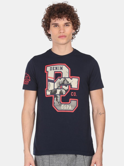 

U.S. Polo Assn. Denim Co. Men Navy Blue & Grey Brand Logo Printed Pure Cotton T-shirt
