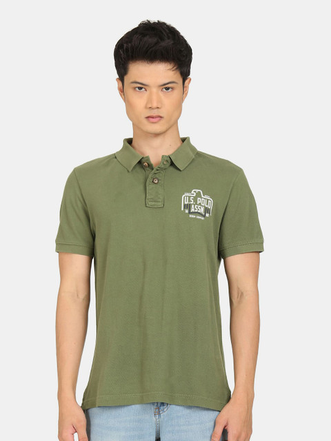 

U.S. Polo Assn. Denim Co. Men Olive Green Typography Placement Printed Pure Cotton T-shirt