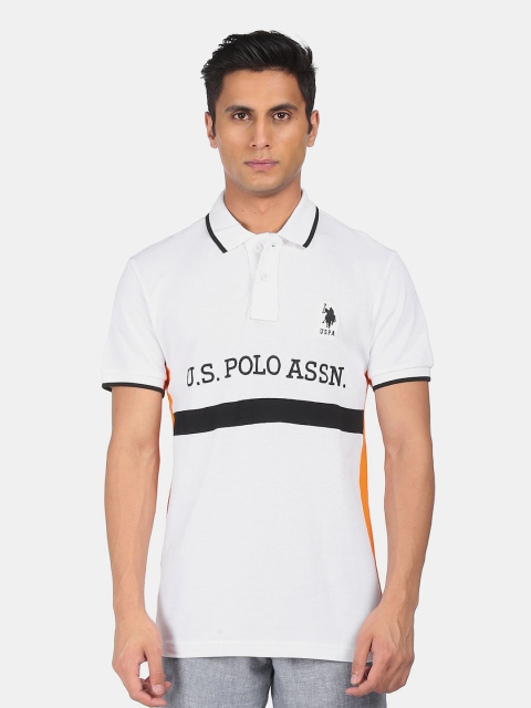 

U S Polo Assn Men White & Black Typography Printed Polo Collar Pure Cotton T-shirt
