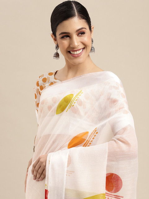 

SIRIL White & Orange Printed Saree
